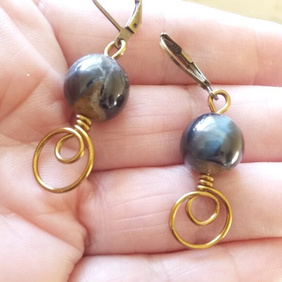 Black & Brown Stone Beads w. Bronze Wire Wrap Elements + Leverback Earrings - Picture 3 of 7